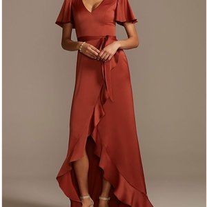 David's Bridal CINNAMON Flutter Sleeve Crepe Satin Ruffle Bridesmaid NWT